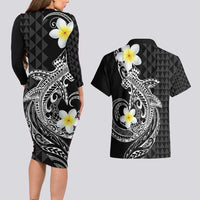 Aloha Hammerhead Shark Couples Matching Long Sleeve Bodycon Dress and Hawaiian Shirt Black Hawaiian Kakau Tribal Tattoo