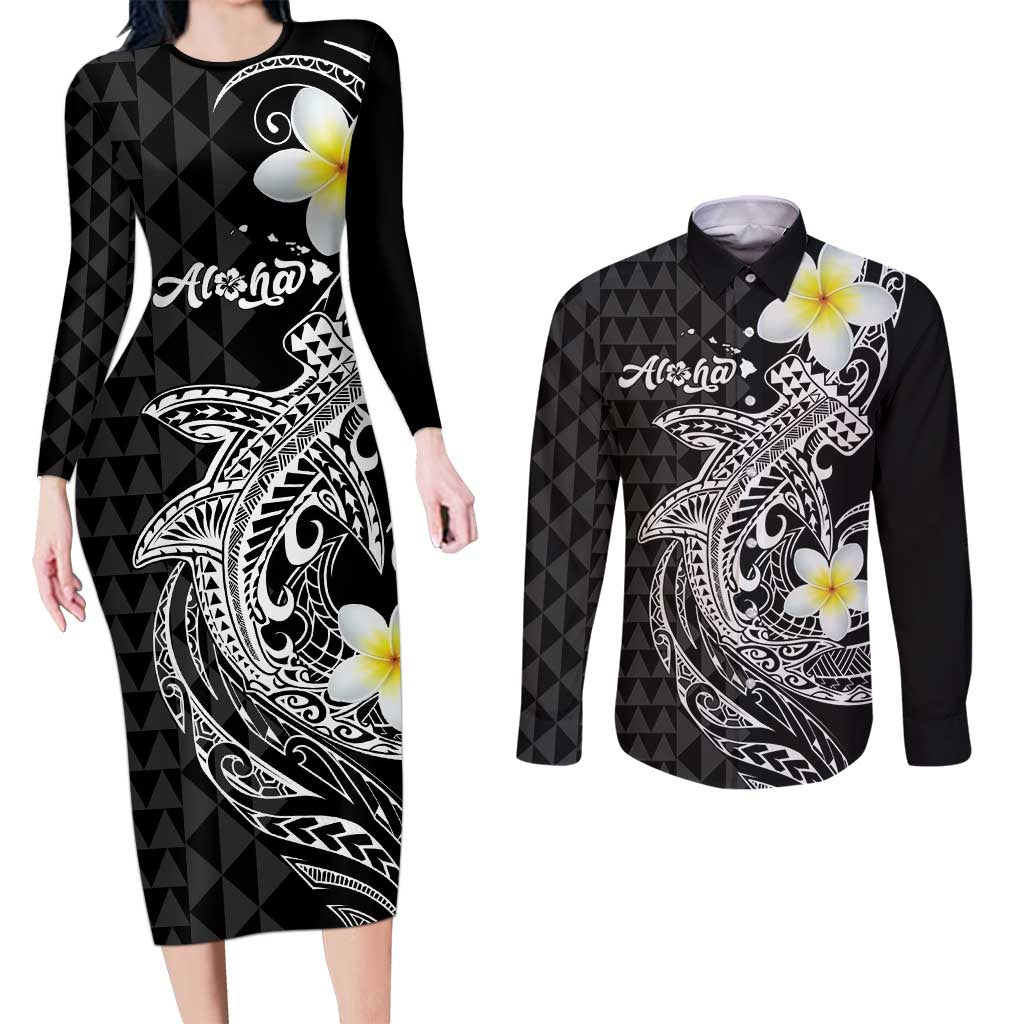 Aloha Hammerhead Shark Couples Matching Long Sleeve Bodycon Dress and Long Sleeve Button Shirt Black Hawaiian Kakau Tribal Tattoo