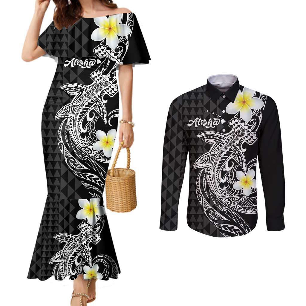 Aloha Hammerhead Shark Couples Matching Mermaid Dress and Long Sleeve Button Shirt Black Hawaiian Kakau Tribal Tattoo