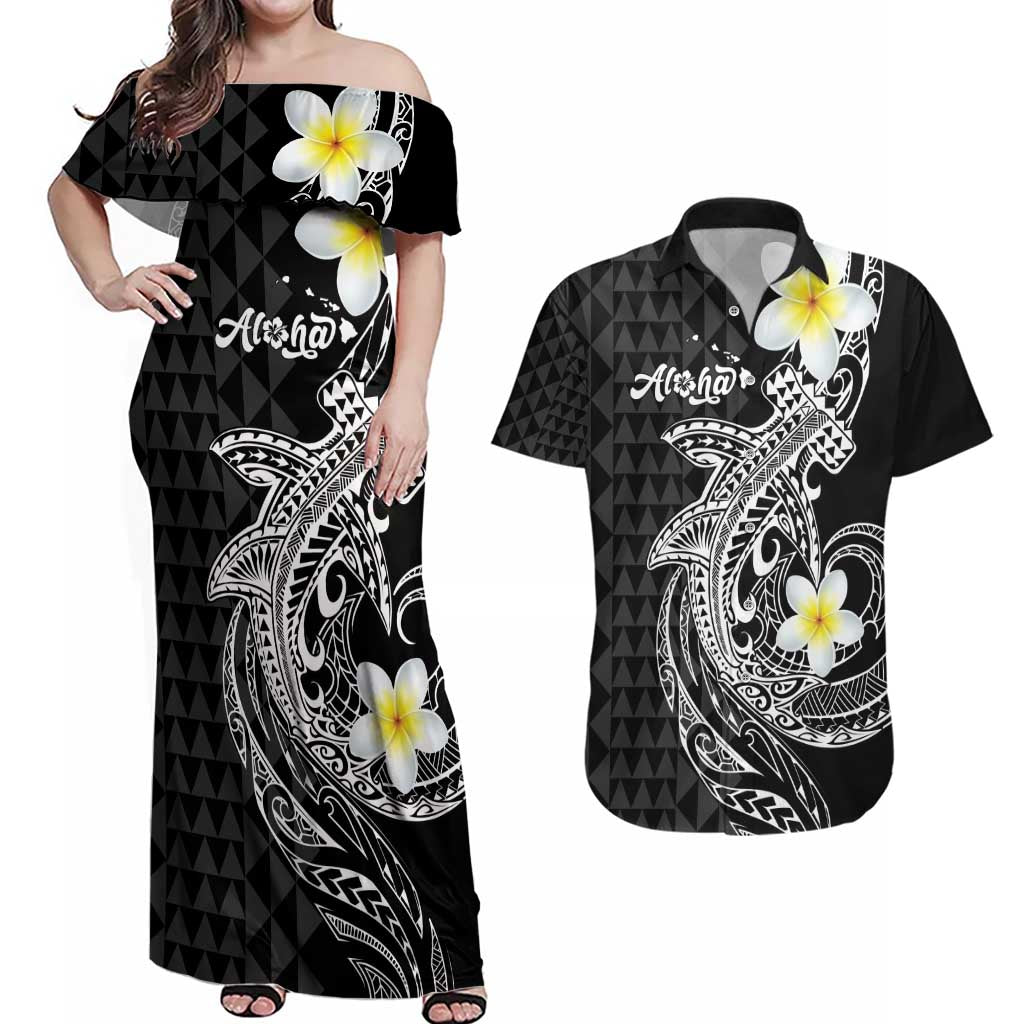 Aloha Hammerhead Shark Couples Matching Off Shoulder Maxi Dress and Hawaiian Shirt Black Hawaiian Kakau Tribal Tattoo