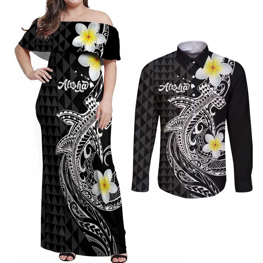 Aloha Hammerhead Shark Couples Matching Off Shoulder Maxi Dress and Long Sleeve Button Shirt Black Hawaiian Kakau Tribal Tattoo
