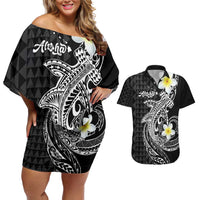 Aloha Hammerhead Shark Couples Matching Off Shoulder Short Dress and Hawaiian Shirt Black Hawaiian Kakau Tribal Tattoo