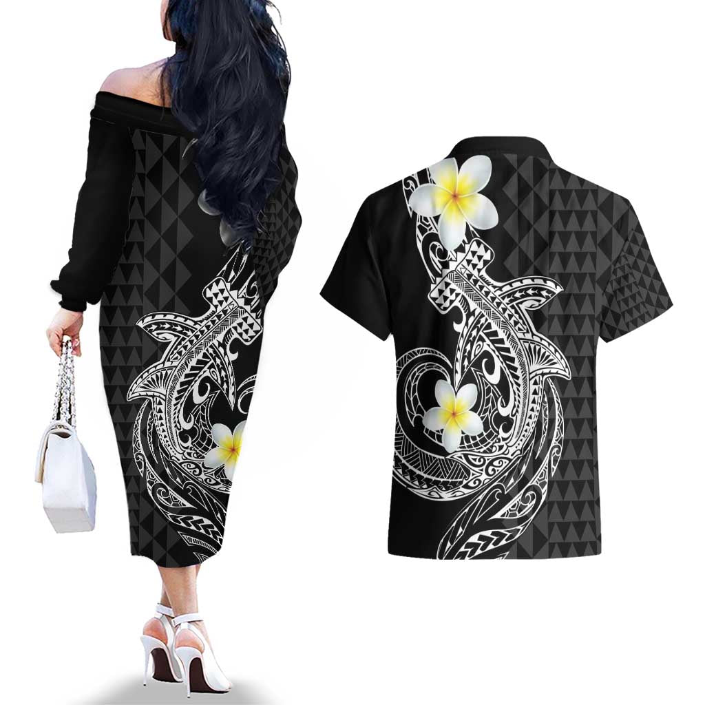 Aloha Hammerhead Shark Couples Matching Off The Shoulder Long Sleeve Dress and Hawaiian Shirt Black Hawaiian Kakau Tribal Tattoo