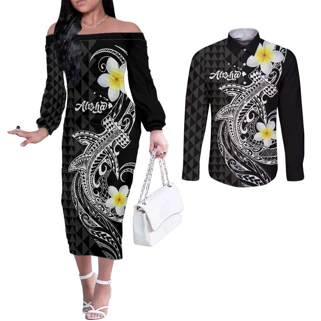 Aloha Hammerhead Shark Couples Matching Off The Shoulder Long Sleeve Dress and Long Sleeve Button Shirt Black Hawaiian Kakau Tribal Tattoo