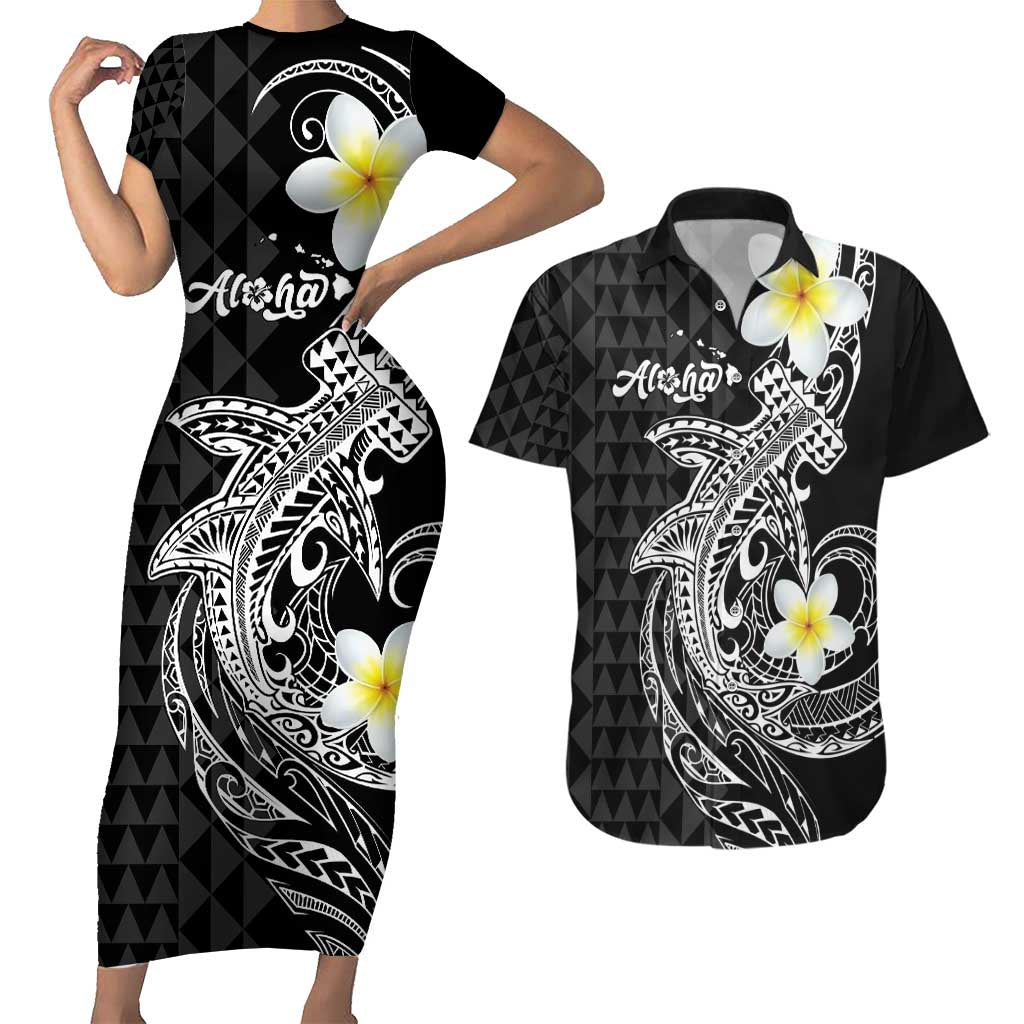 Aloha Hammerhead Shark Couples Matching Short Sleeve Bodycon Dress and Hawaiian Shirt Black Hawaiian Kakau Tribal Tattoo