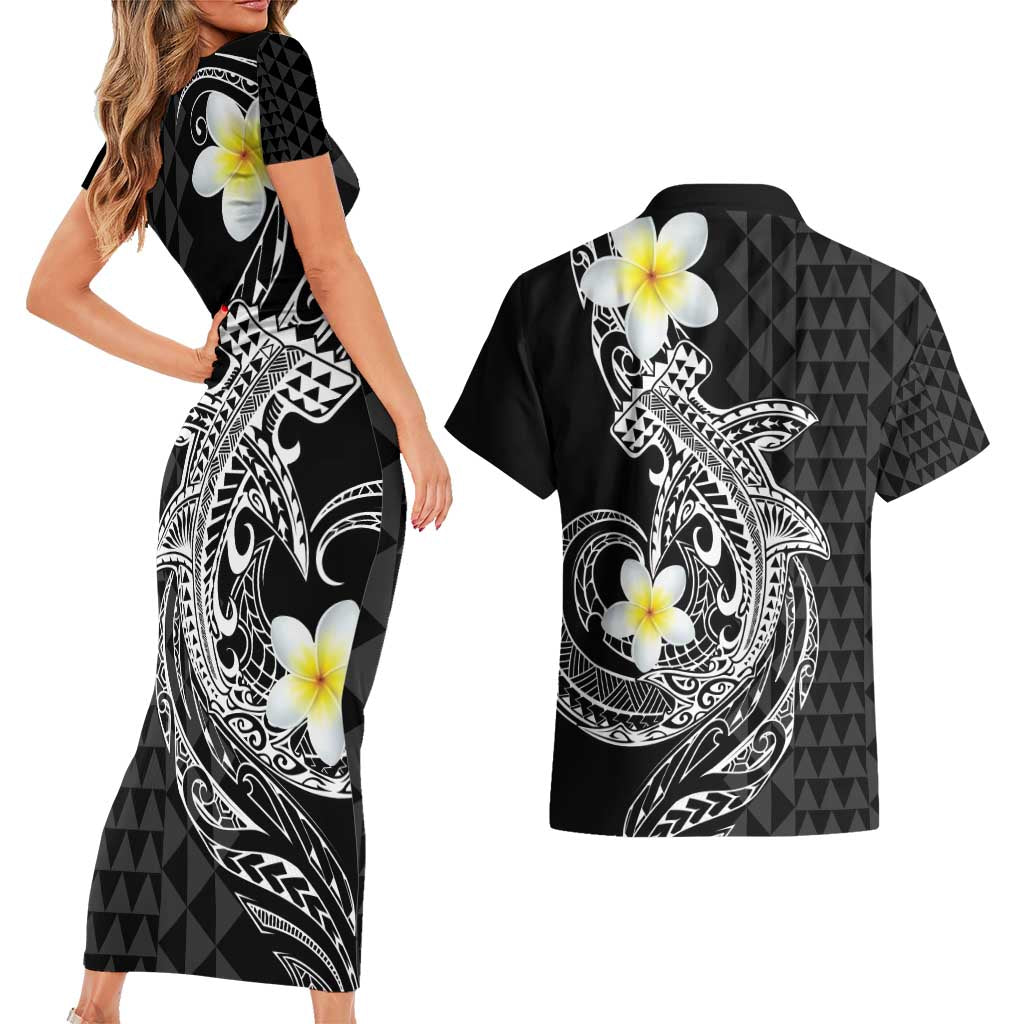 Aloha Hammerhead Shark Couples Matching Short Sleeve Bodycon Dress and Hawaiian Shirt Black Hawaiian Kakau Tribal Tattoo