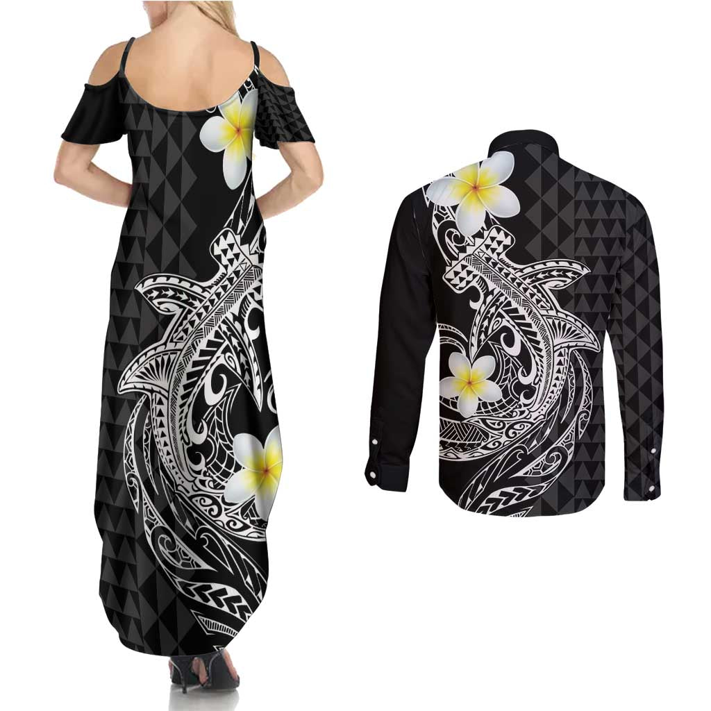 Aloha Hammerhead Shark Couples Matching Summer Maxi Dress and Long Sleeve Button Shirt Black Hawaiian Kakau Tribal Tattoo