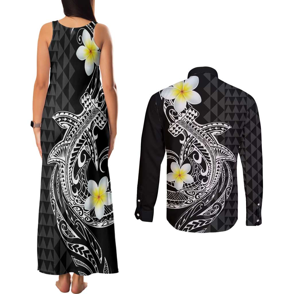 Aloha Hammerhead Shark Couples Matching Tank Maxi Dress and Long Sleeve Button Shirt Black Hawaiian Kakau Tribal Tattoo