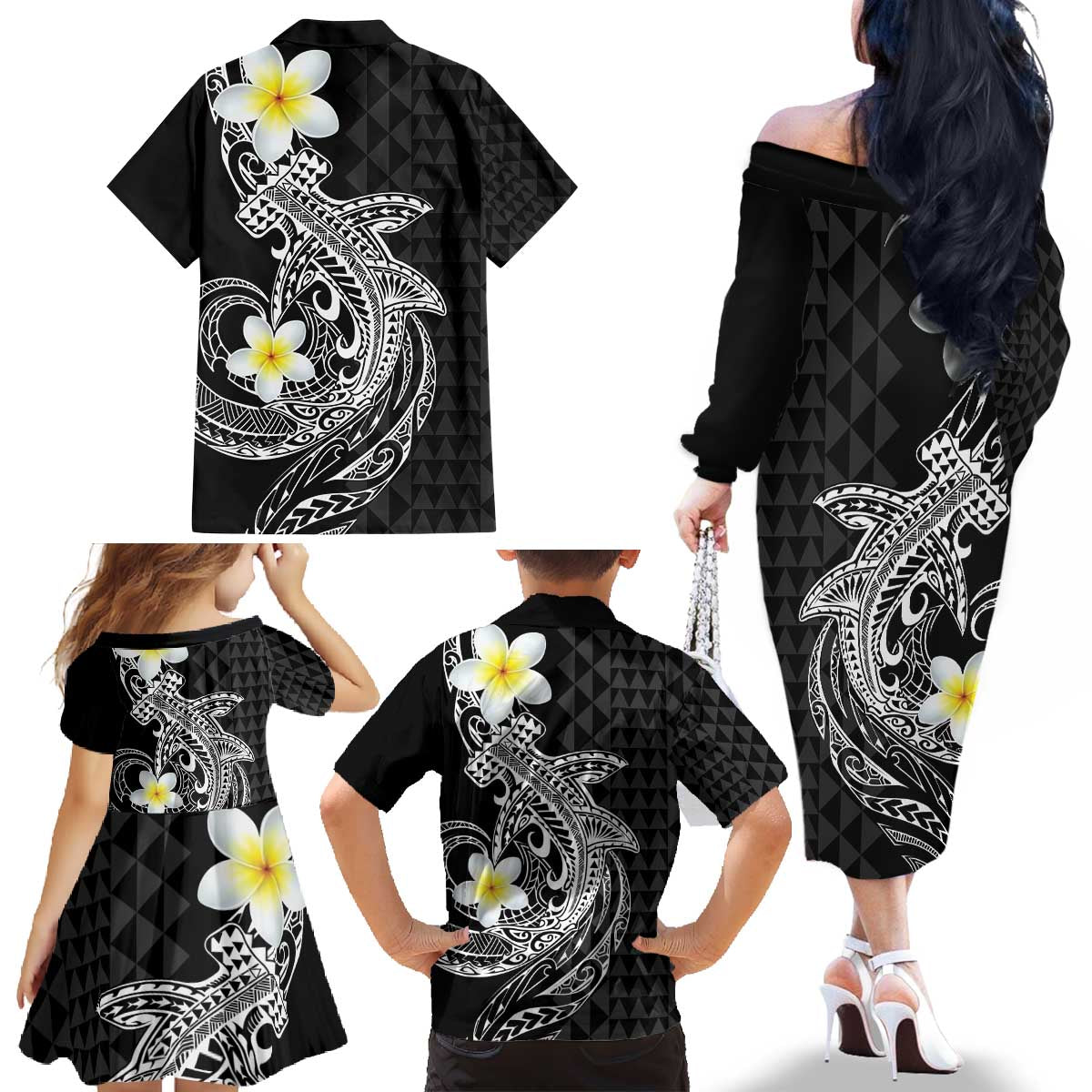 Aloha Hammerhead Shark Family Matching Off The Shoulder Long Sleeve Dress and Hawaiian Shirt Black Hawaiian Kakau Tribal Tattoo