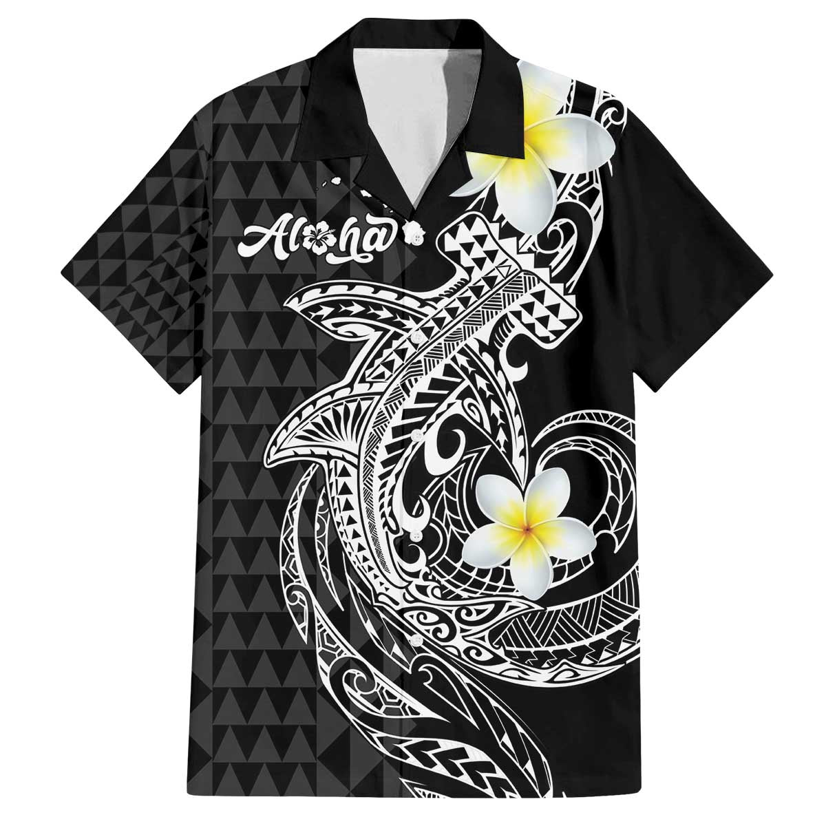 Aloha Hammerhead Shark Family Matching Off The Shoulder Long Sleeve Dress and Hawaiian Shirt Black Hawaiian Kakau Tribal Tattoo