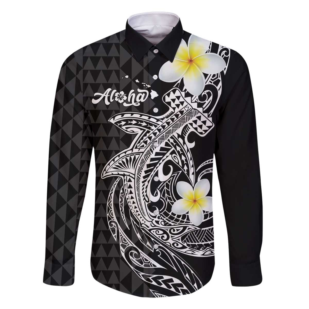 Aloha Hammerhead Shark Family Matching Off The Shoulder Long Sleeve Dress and Hawaiian Shirt Black Hawaiian Kakau Tribal Tattoo