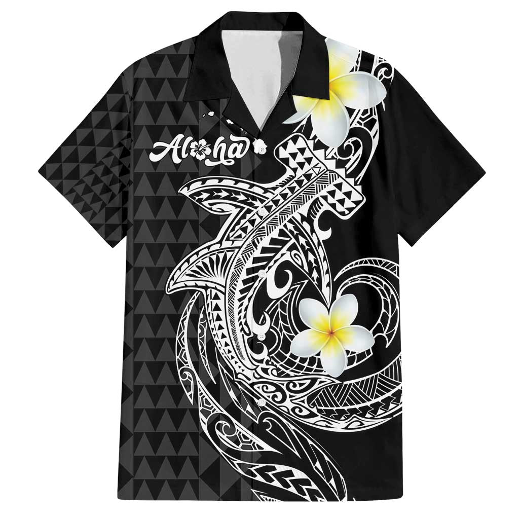 Aloha Hammerhead Shark Family Matching Off Shoulder Maxi Dress and Hawaiian Shirt Black Hawaiian Kakau Tribal Tattoo