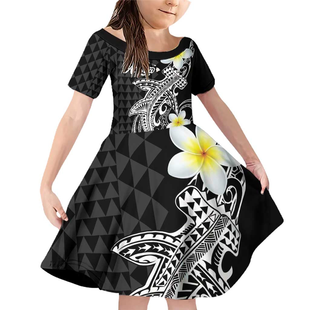 Aloha Hammerhead Shark Family Matching Off Shoulder Short Dress and Hawaiian Shirt Black Hawaiian Kakau Tribal Tattoo