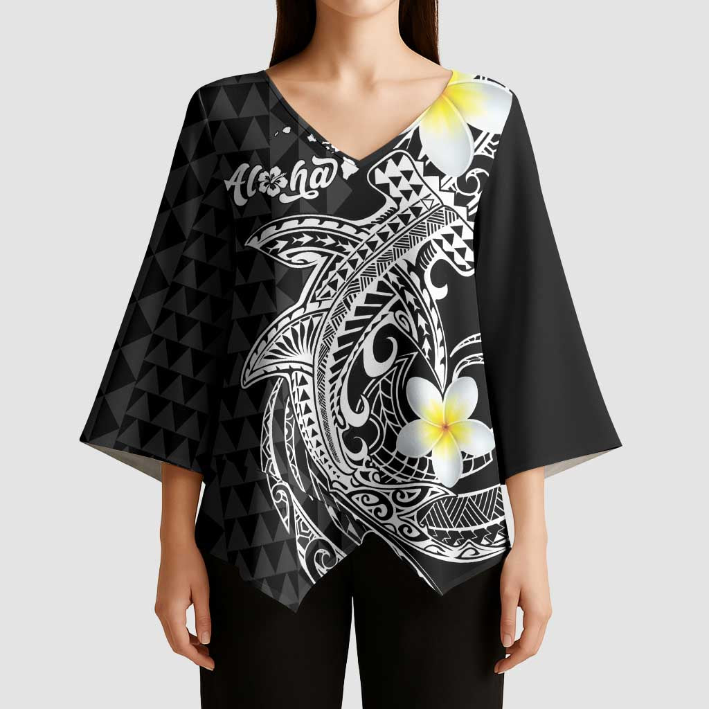 Aloha Hammerhead Shark Kimono Sleeve Blouse Black Hawaiian Kakau Tribal Tattoo - Polynesian Pride