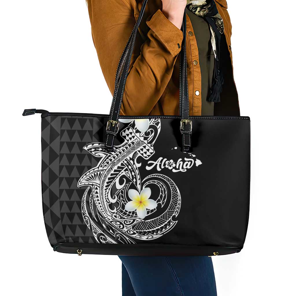 Aloha Hammerhead Shark Leather Tote Bag Black Hawaiian Kakau Tribal Tattoo
