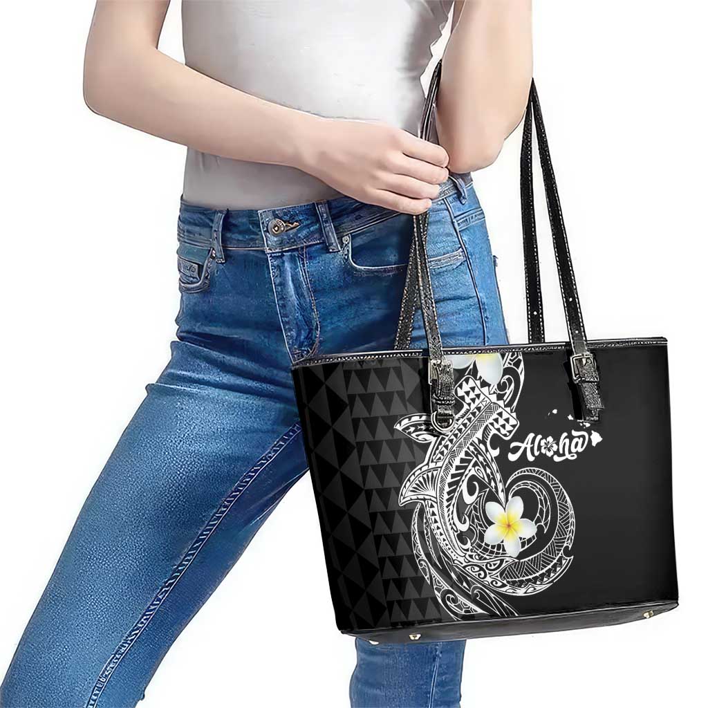 Aloha Hammerhead Shark Leather Tote Bag Black Hawaiian Kakau Tribal Tattoo