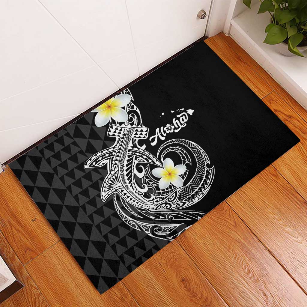 Aloha Hammerhead Shark Rubber Doormat Black Hawaiian Kakau Tribal Tattoo