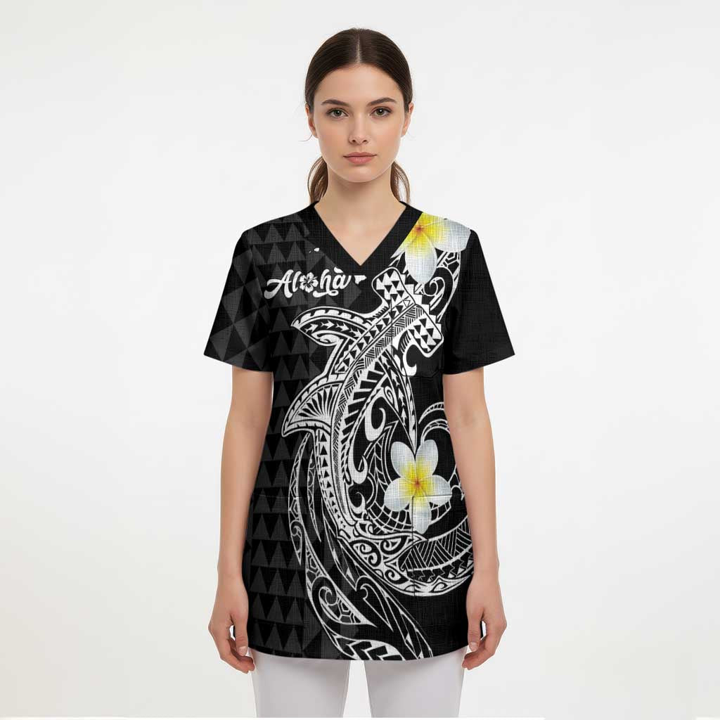 Aloha Hammerhead Shark Scrub Top Black Hawaiian Kakau Tribal Tattoo - Polynesian Pride