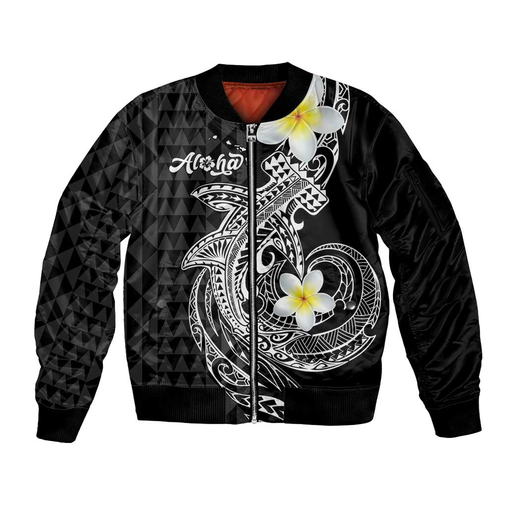 Aloha Hammerhead Shark Sleeve Zip Bomber Jacket Black Hawaiian Kakau Tribal Tattoo
