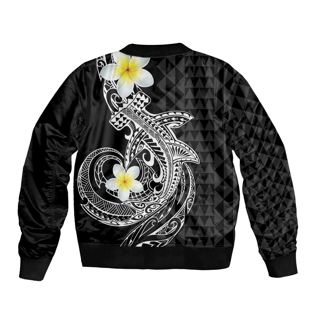 Aloha Hammerhead Shark Sleeve Zip Bomber Jacket Black Hawaiian Kakau Tribal Tattoo