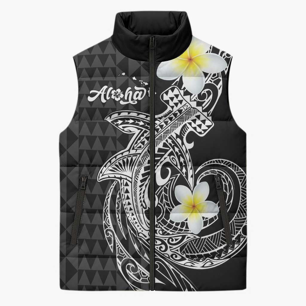 Aloha Hammerhead Shark Sleeveless Puffer Jacket Black Hawaiian Kakau Tribal Tattoo - Polynesian Pride