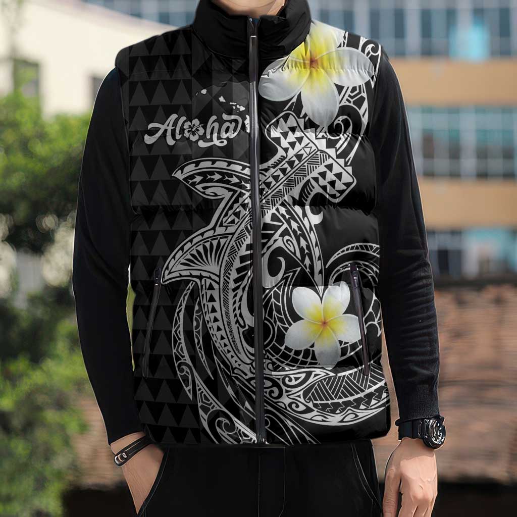 Aloha Hammerhead Shark Sleeveless Puffer Jacket Black Hawaiian Kakau Tribal Tattoo - Polynesian Pride