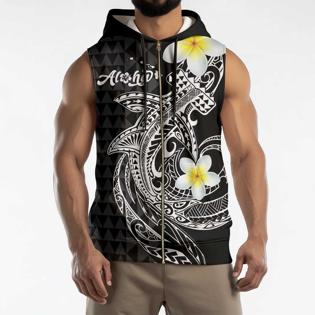 Aloha Hammerhead Shark Sleeveless Zip Hoodie Black Hawaiian Kakau Tribal Tattoo - Polynesian Pride
