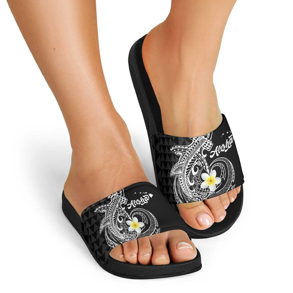 Aloha Hammerhead Shark Slide Sandals Black Hawaiian Kakau Tribal Tattoo - Polynesian Pride