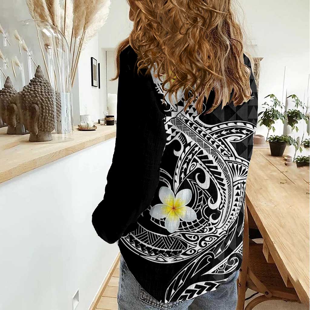 Aloha Hammerhead Shark Women Casual Shirt Black Hawaiian Kakau Tribal Tattoo