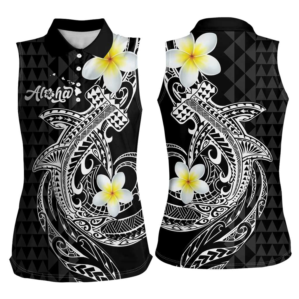Aloha Hammerhead Shark Women Sleeveless Polo Shirt Black Hawaiian Kakau Tribal Tattoo