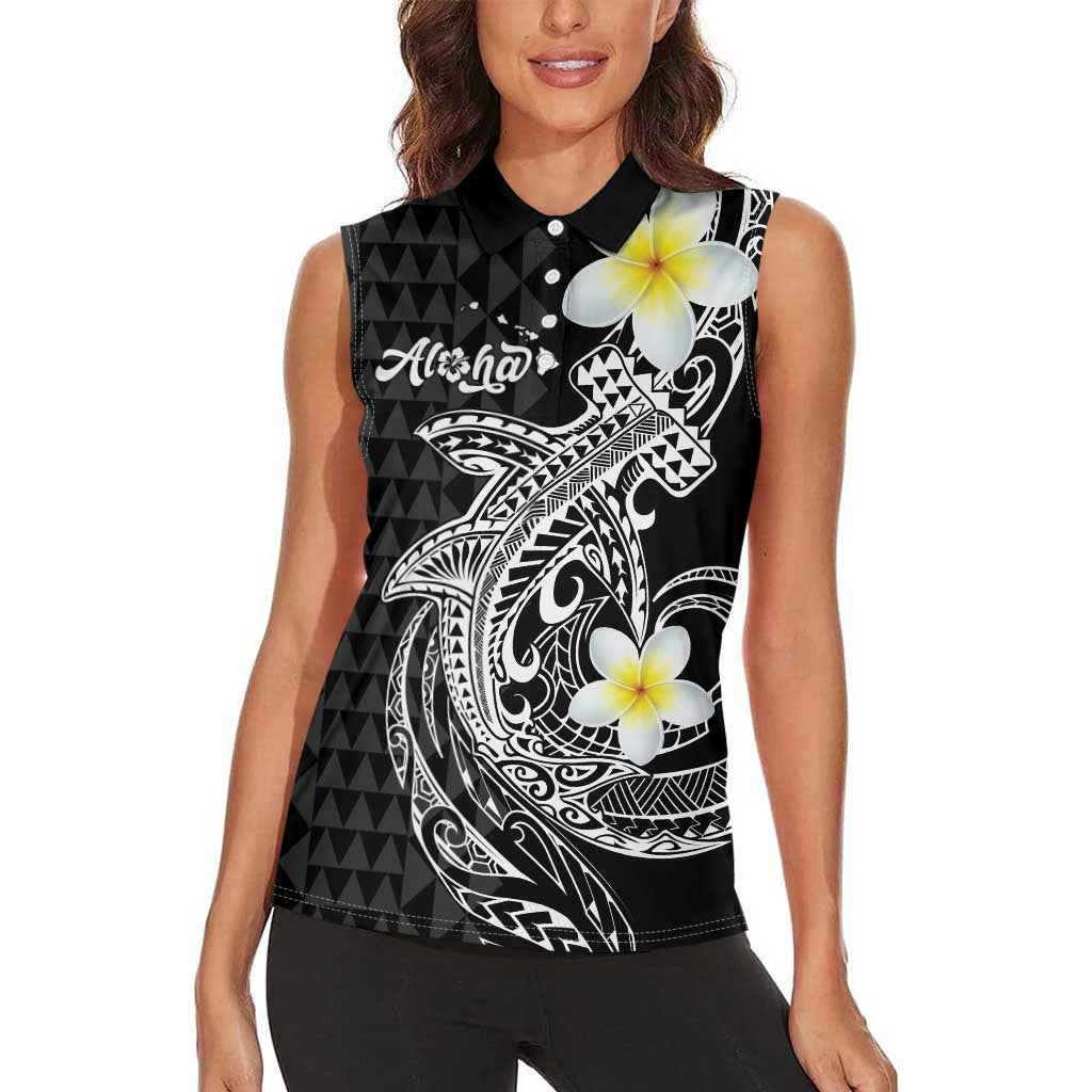 Aloha Hammerhead Shark Women Sleeveless Polo Shirt Black Hawaiian Kakau Tribal Tattoo