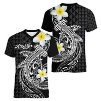 Aloha Hammerhead Shark Women V-Neck T-Shirt Black Hawaiian Kakau Tribal Tattoo