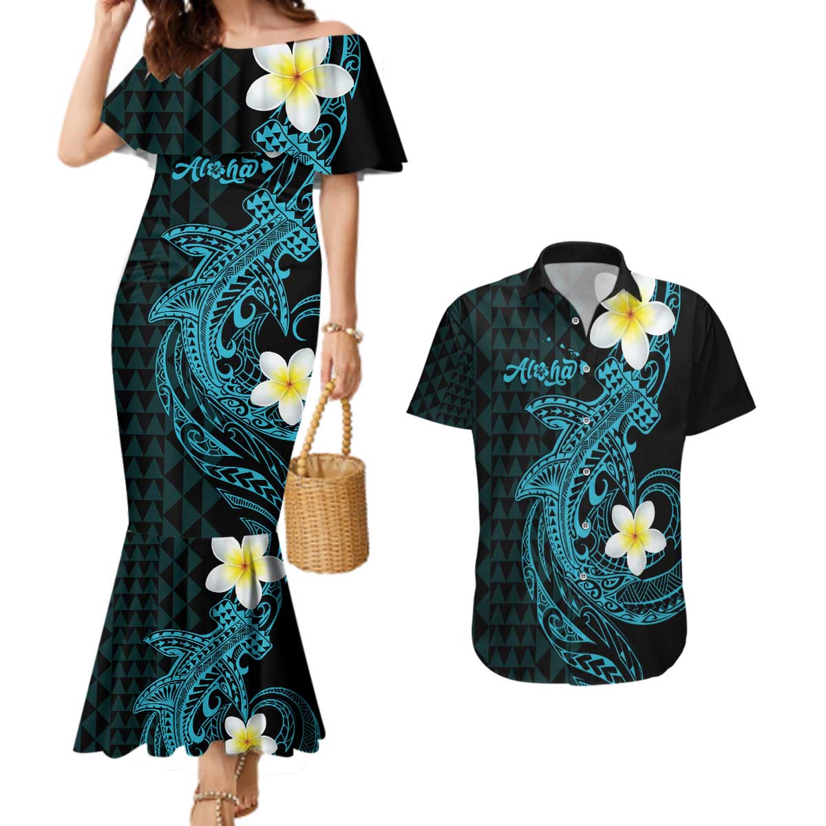 Aloha Hammerhead Shark Couples Matching Mermaid Dress and Hawaiian Shirt Calypso Hawaiian Kakau Tribal Tattoo