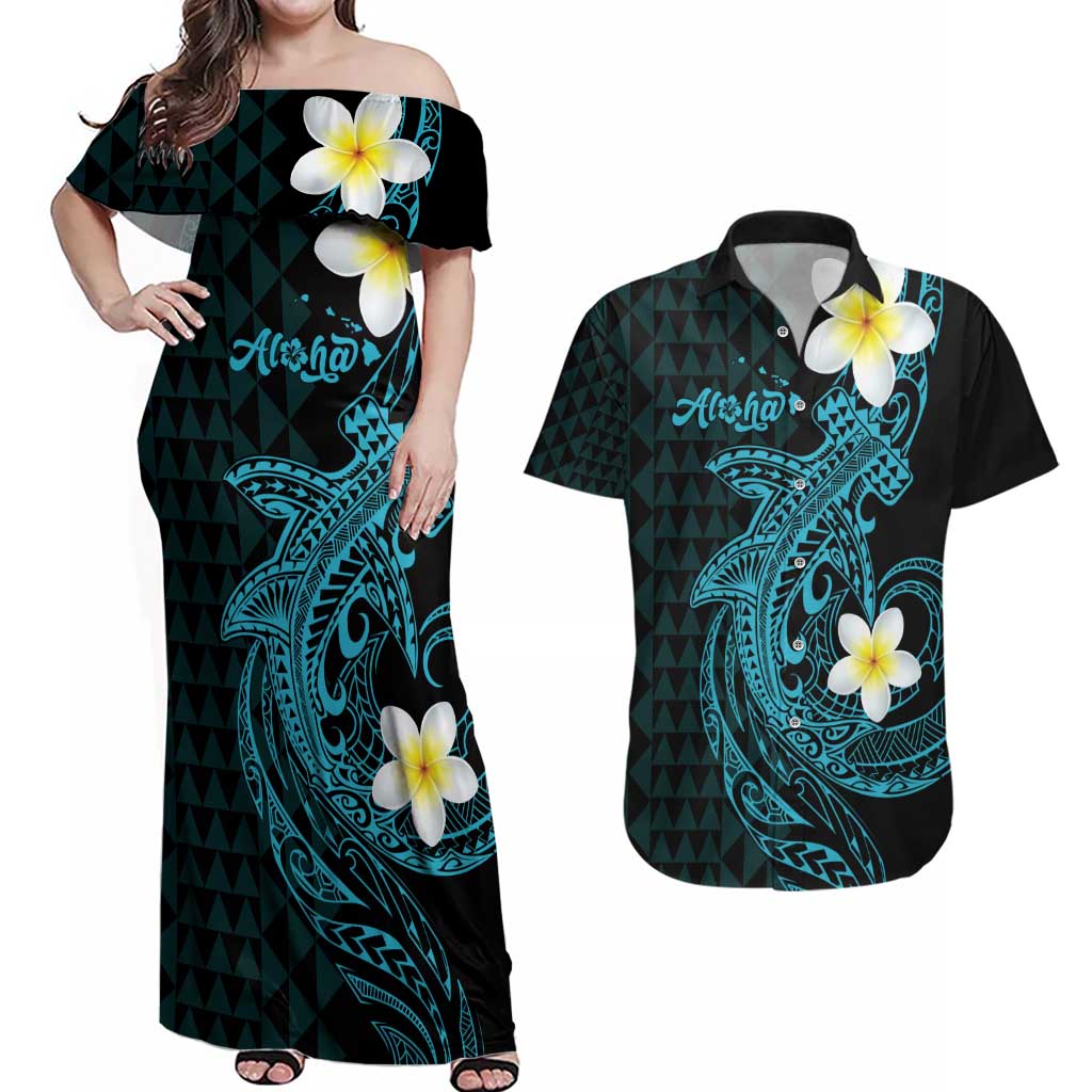 Aloha Hammerhead Shark Couples Matching Off Shoulder Maxi Dress and Hawaiian Shirt Calypso Hawaiian Kakau Tribal Tattoo