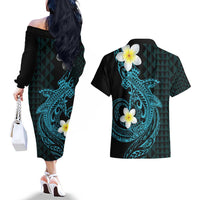 Aloha Hammerhead Shark Couples Matching Off The Shoulder Long Sleeve Dress and Hawaiian Shirt Calypso Hawaiian Kakau Tribal Tattoo