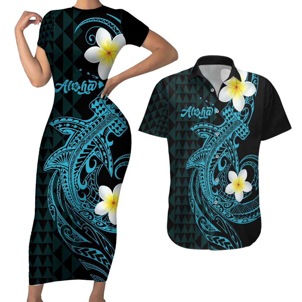 Aloha Hammerhead Shark Couples Matching Short Sleeve Bodycon Dress and Hawaiian Shirt Calypso Hawaiian Kakau Tribal Tattoo