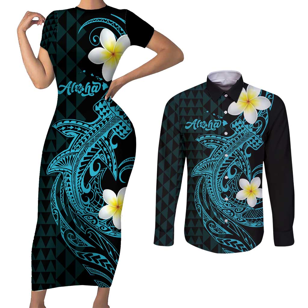 Aloha Hammerhead Shark Couples Matching Short Sleeve Bodycon Dress and Long Sleeve Button Shirt Calypso Hawaiian Kakau Tribal Tattoo