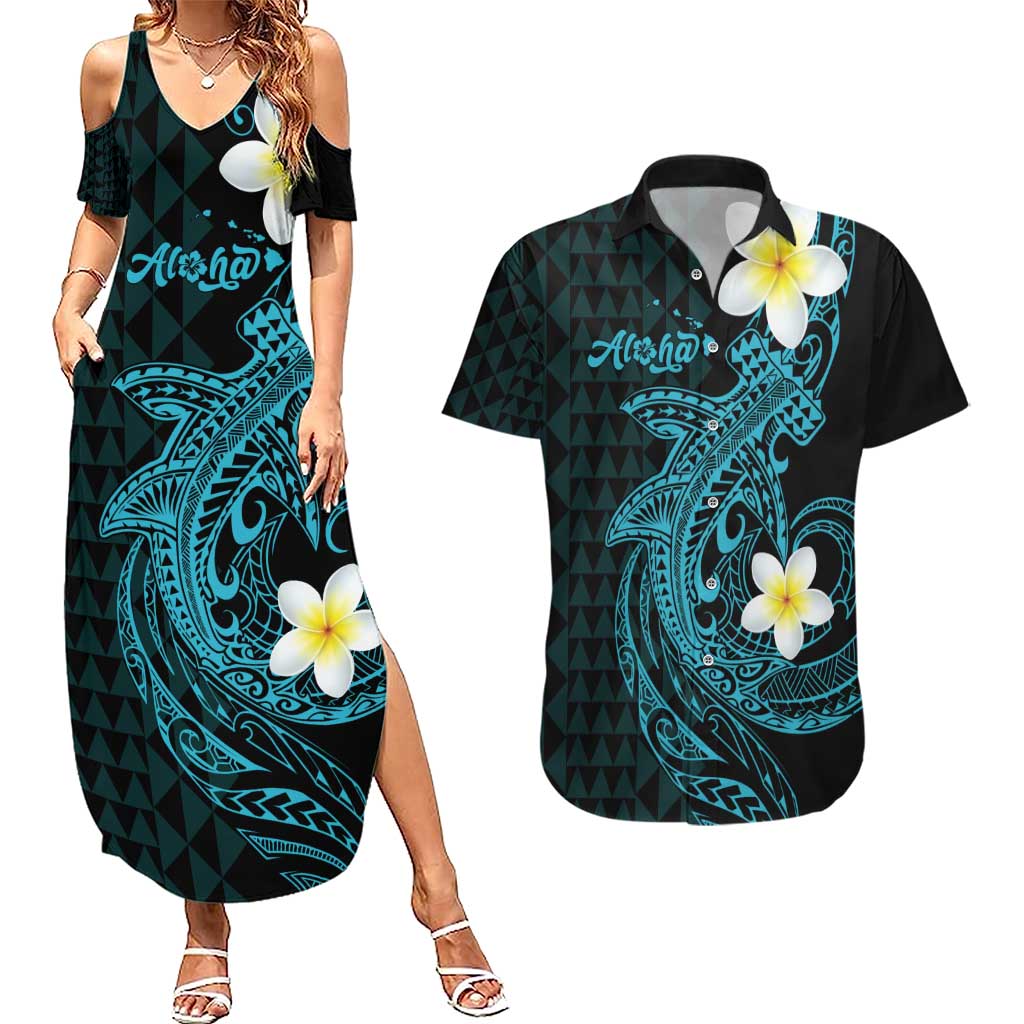 Aloha Hammerhead Shark Couples Matching Summer Maxi Dress and Hawaiian Shirt Calypso Hawaiian Kakau Tribal Tattoo