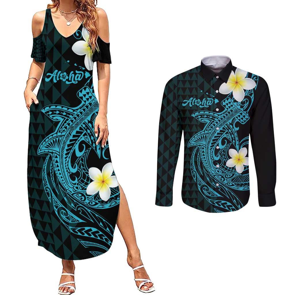 Aloha Hammerhead Shark Couples Matching Summer Maxi Dress and Long Sleeve Button Shirt Calypso Hawaiian Kakau Tribal Tattoo
