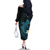 Aloha Hammerhead Shark Family Matching Off The Shoulder Long Sleeve Dress and Hawaiian Shirt Calypso Hawaiian Kakau Tribal Tattoo