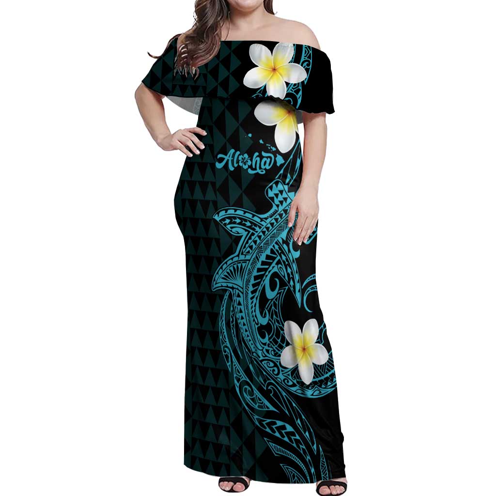 Aloha Hammerhead Shark Off Shoulder Maxi Dress Calypso Hawaiian Kakau Tribal Tattoo