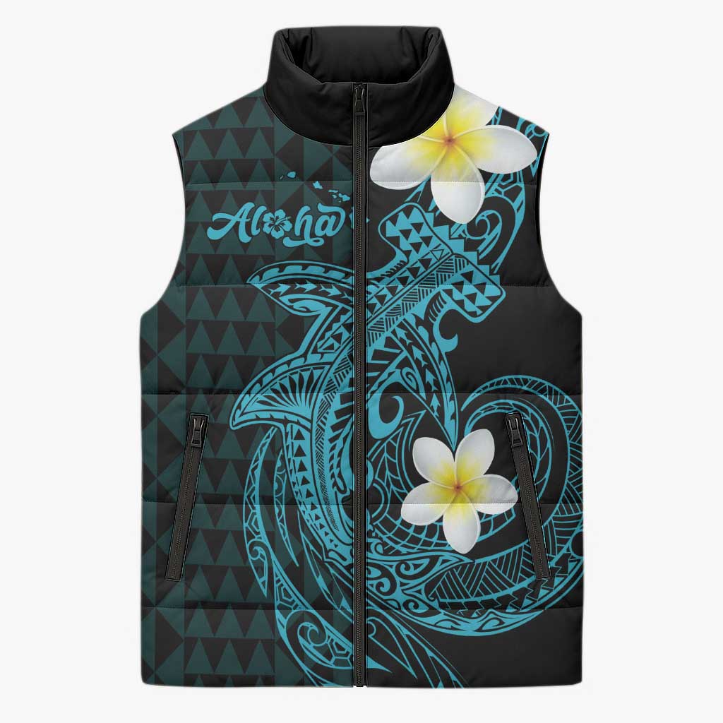 Aloha Hammerhead Shark Sleeveless Puffer Jacket Calypso Hawaiian Kakau Tribal Tattoo LT9 Unisex Blue - Polynesian Pride