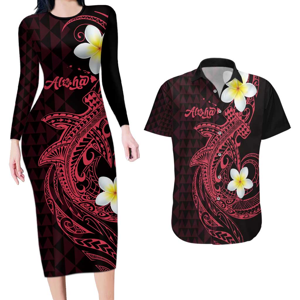 Aloha Hammerhead Shark Couples Matching Long Sleeve Bodycon Dress and Hawaiian Shirt Feverish Pink Hawaiian Kakau Tribal Tattoo