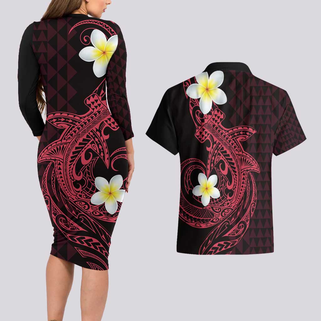 Aloha Hammerhead Shark Couples Matching Long Sleeve Bodycon Dress and Hawaiian Shirt Feverish Pink Hawaiian Kakau Tribal Tattoo
