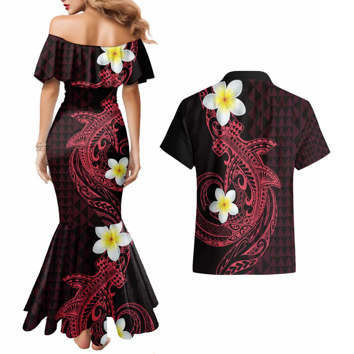 Aloha Hammerhead Shark Couples Matching Mermaid Dress and Hawaiian Shirt Feverish Pink Hawaiian Kakau Tribal Tattoo