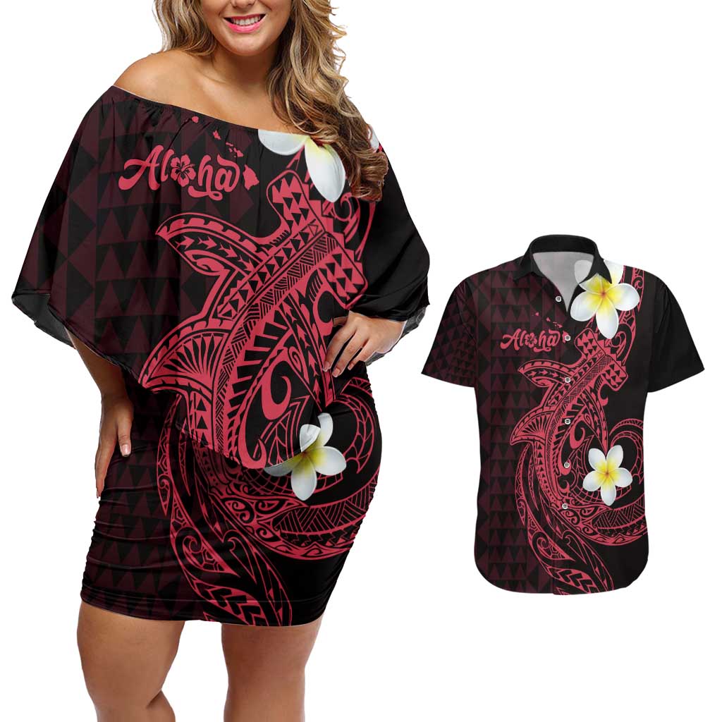 Aloha Hammerhead Shark Couples Matching Off Shoulder Short Dress and Hawaiian Shirt Feverish Pink Hawaiian Kakau Tribal Tattoo