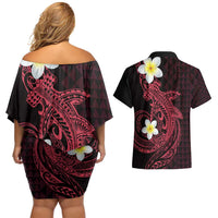 Aloha Hammerhead Shark Couples Matching Off Shoulder Short Dress and Hawaiian Shirt Feverish Pink Hawaiian Kakau Tribal Tattoo