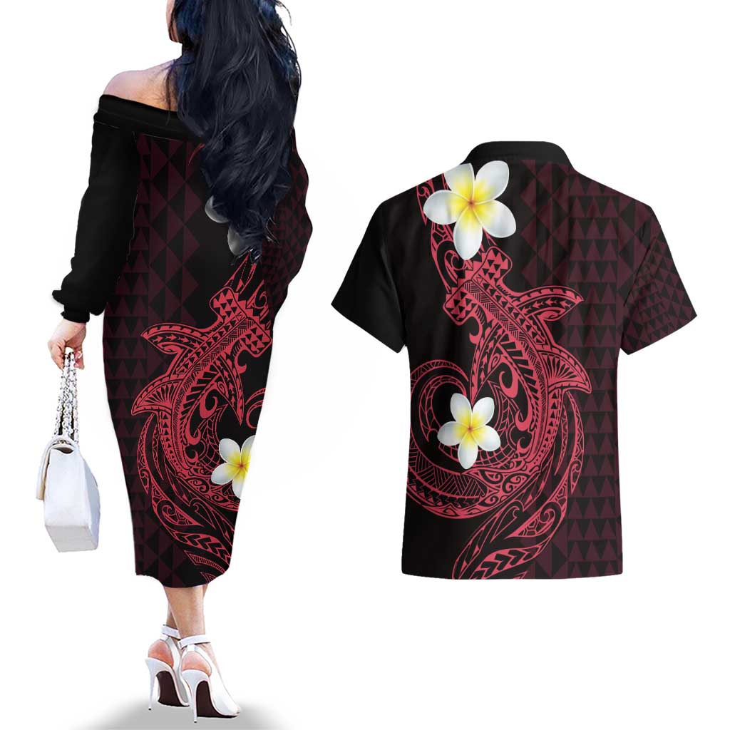 Aloha Hammerhead Shark Couples Matching Off The Shoulder Long Sleeve Dress and Hawaiian Shirt Feverish Pink Hawaiian Kakau Tribal Tattoo