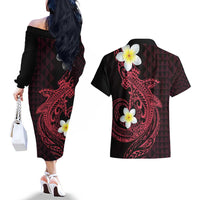 Aloha Hammerhead Shark Couples Matching Off The Shoulder Long Sleeve Dress and Hawaiian Shirt Feverish Pink Hawaiian Kakau Tribal Tattoo