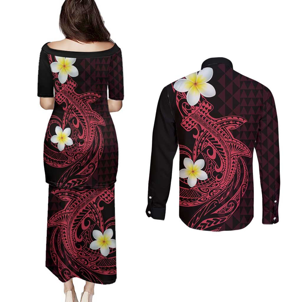 Aloha Hammerhead Shark Couples Matching Puletasi and Long Sleeve Button Shirt Feverish Pink Hawaiian Kakau Tribal Tattoo